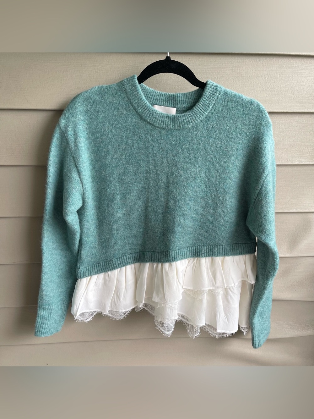 Cinq à Sept Wool Blend Ruffles Lace Hem Crew Neck Pullover Sweater Turquoise XS